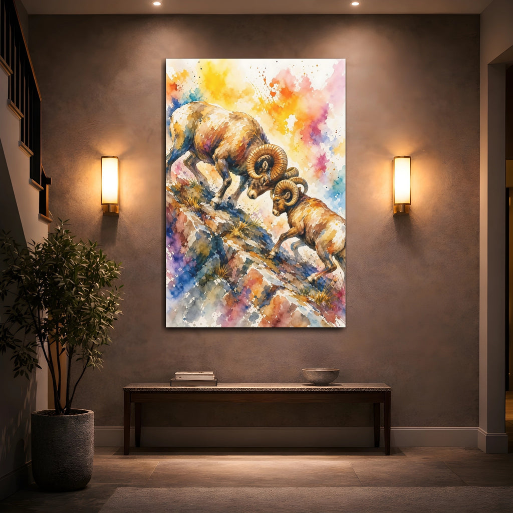 Mockup 2. Animals Bighorn Sheep Colorful Bighorn Sheep shown as stretched canvas wall art