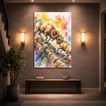 Mockup 2. Animals Bighorn Sheep Colorful Bighorn Sheep shown as stretched canvas wall art