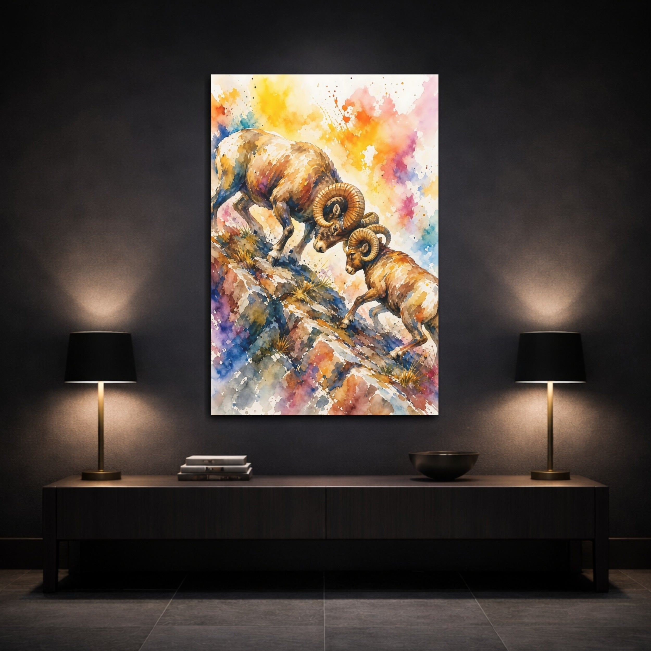 Mockup 3. Animals Bighorn Sheep Colorful Bighorn Sheep shown as stretched canvas wall art