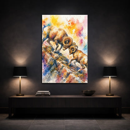 Mockup 3. Animals Bighorn Sheep Colorful Bighorn Sheep shown as stretched canvas wall art