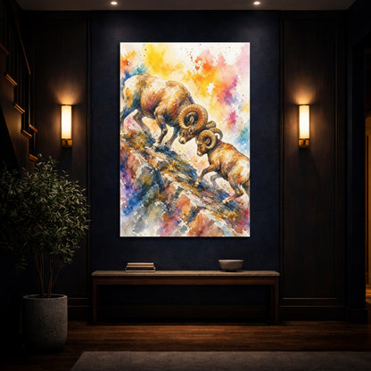 Mockup 4. Animals Bighorn Sheep Colorful Bighorn Sheep shown as stretched canvas wall art