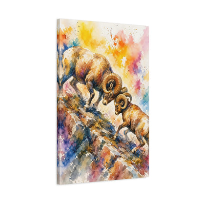 Side Mockup 2. Animals Bighorn Sheep Colorful Bighorn Sheep shown as stretched canvas wall art