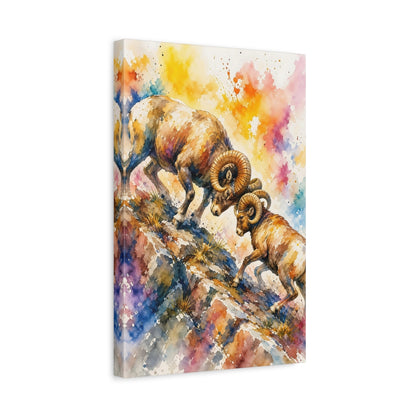 Side Mockup 4. Animals Bighorn Sheep Colorful Bighorn Sheep shown as stretched canvas wall art