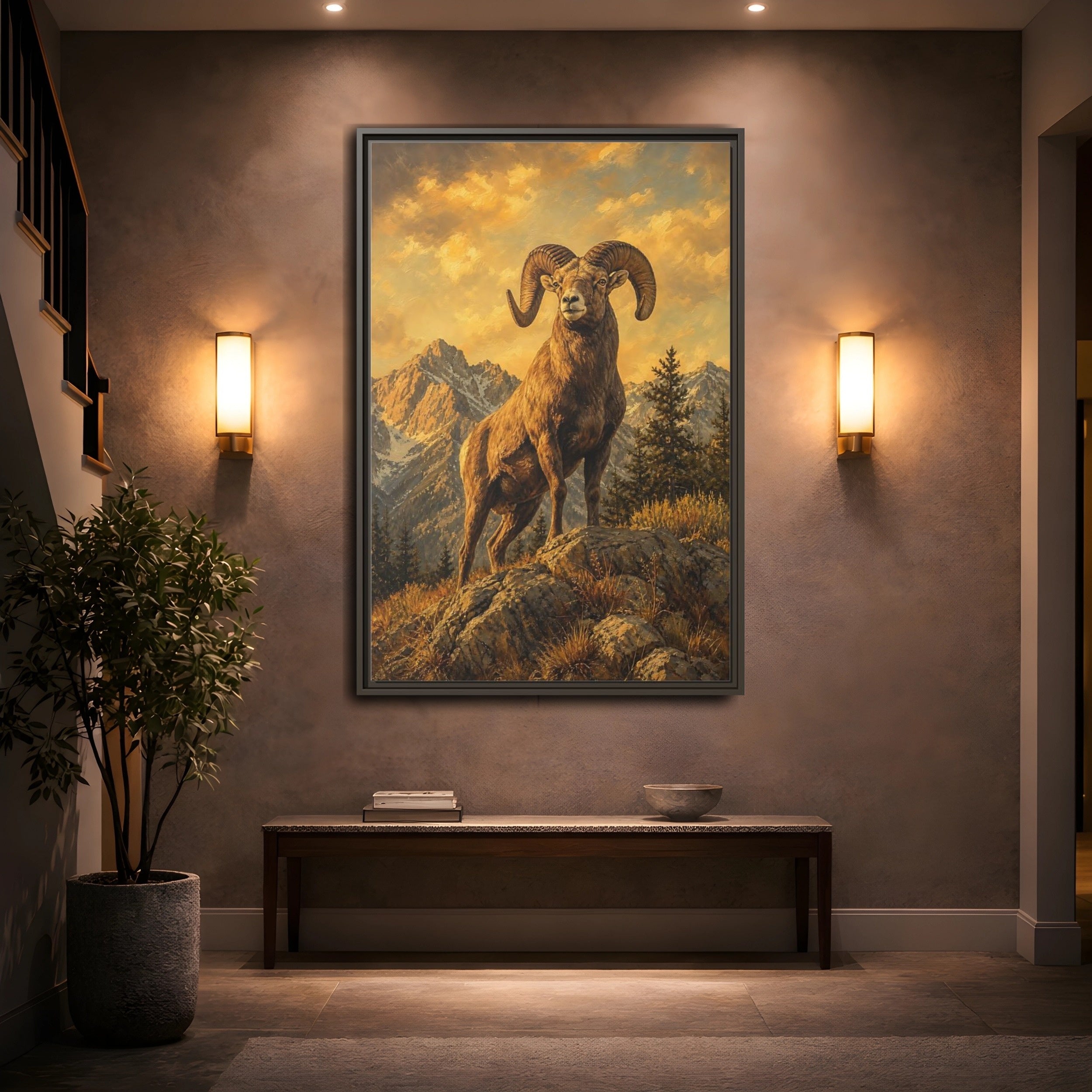 Mockup 2. Animals Bighorn Sheep Golden Bighorn Sheep shown as stretched canvas wall art