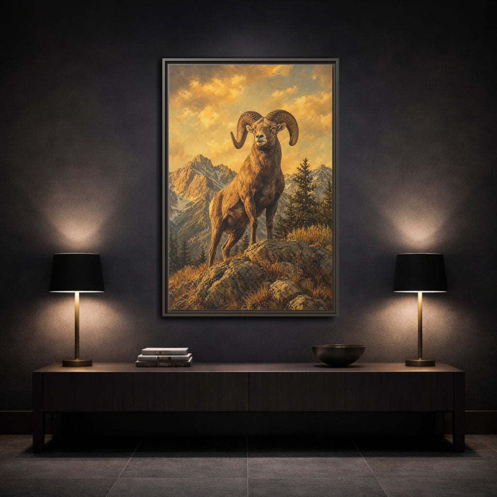 Mockup 3. Animals Bighorn Sheep Golden Bighorn Sheep shown as stretched canvas wall art