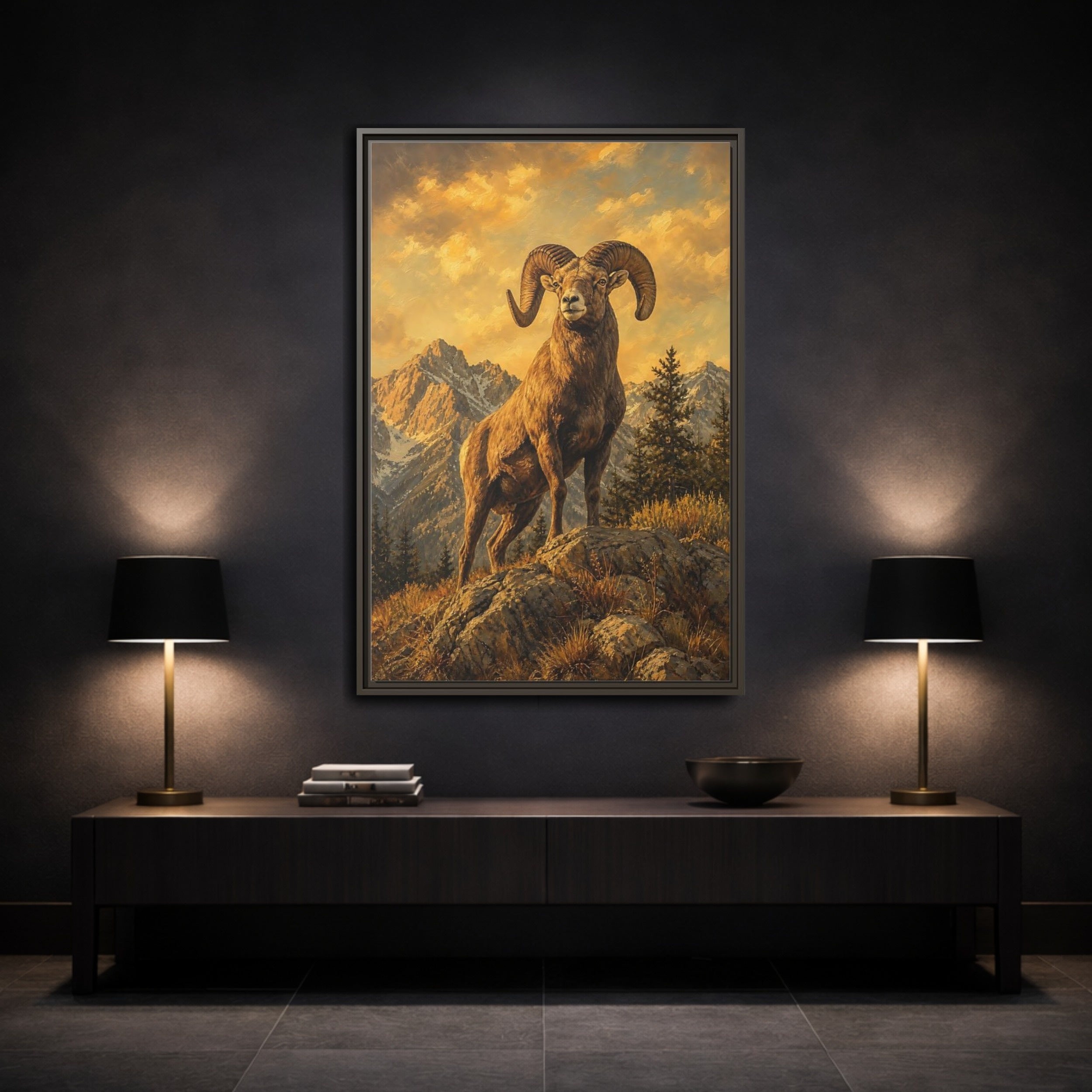 Mockup 3. Animals Bighorn Sheep Golden Bighorn Sheep shown as stretched canvas wall art