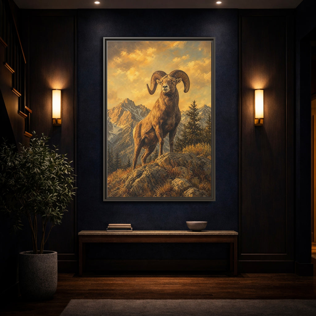 Mockup 4. Animals Bighorn Sheep Golden Bighorn Sheep shown as stretched canvas wall art
