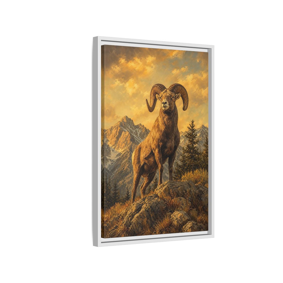 Side Mockup 1. Animals Bighorn Sheep Golden Bighorn Sheep shown as stretched canvas wall art
