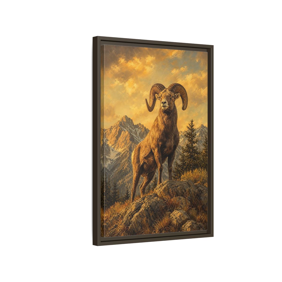 Side Mockup 2. Animals Bighorn Sheep Golden Bighorn Sheep shown as stretched canvas wall art