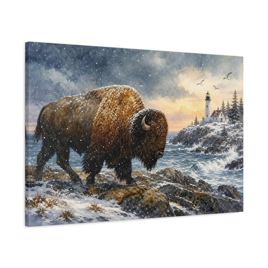 Main Mockup. Animals Bison Brown And White Winter shown as stretched canvas wall art