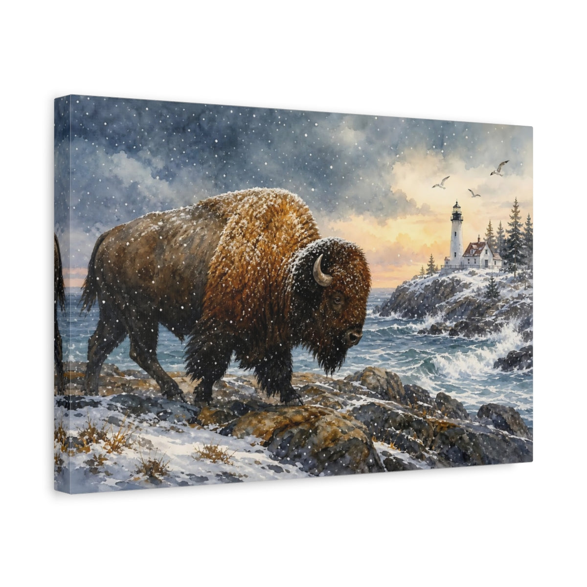 Side Mockup 4. Animals Bison Brown And White Winter shown as stretched canvas wall art