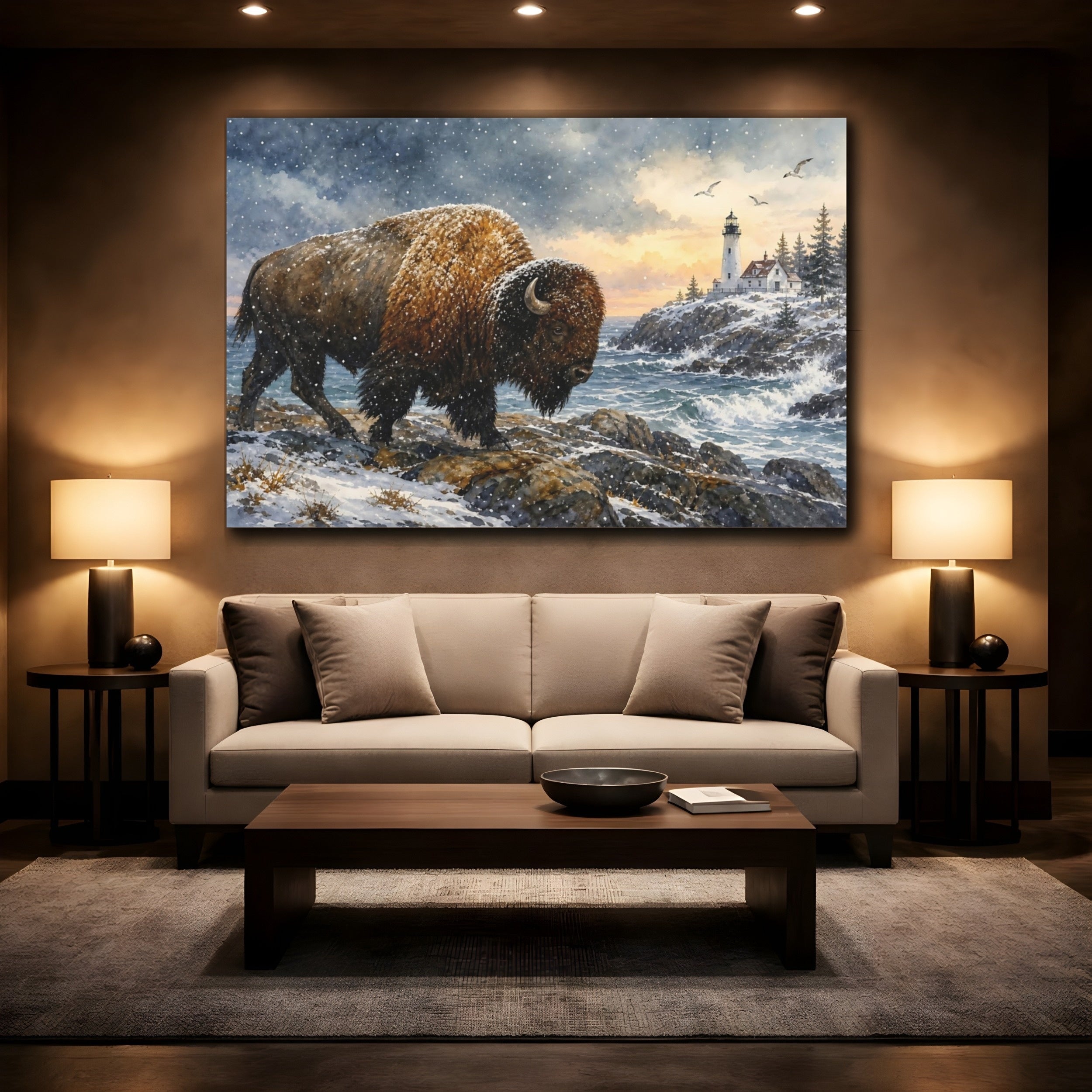 Mockup 2. Animals Bison Brown And White Winter shown as stretched canvas wall art
