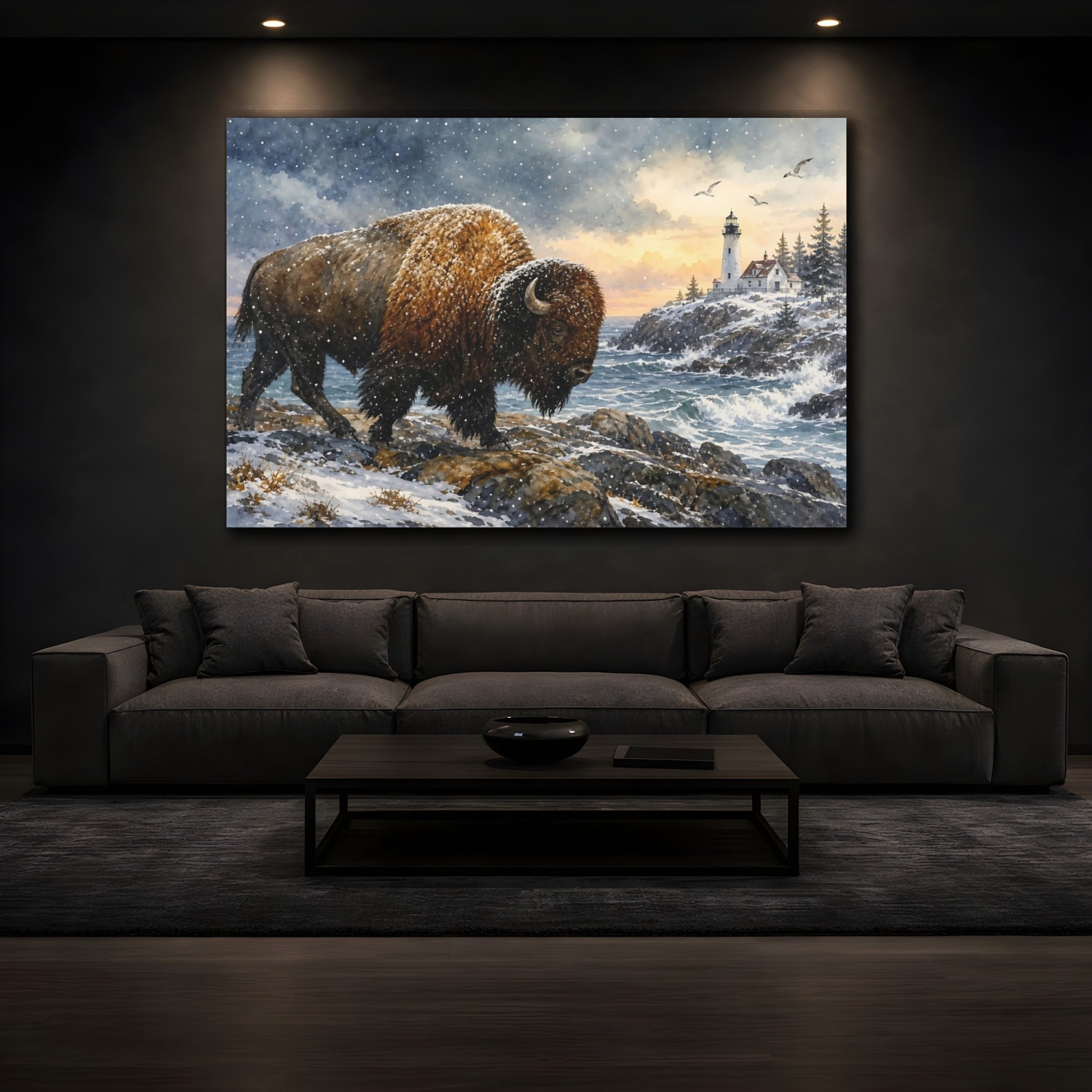Mockup 3. Animals Bison Brown And White Winter shown as stretched canvas wall art