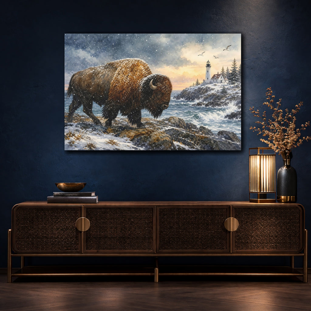 Mockup 4. Animals Bison Brown And White Winter shown as stretched canvas wall art