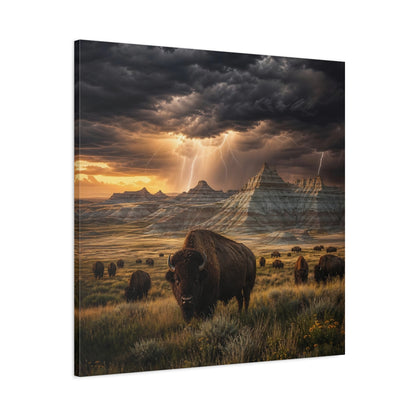 Main Mockup. Animals Bison Brown Grey Landscape shown as stretched canvas wall art