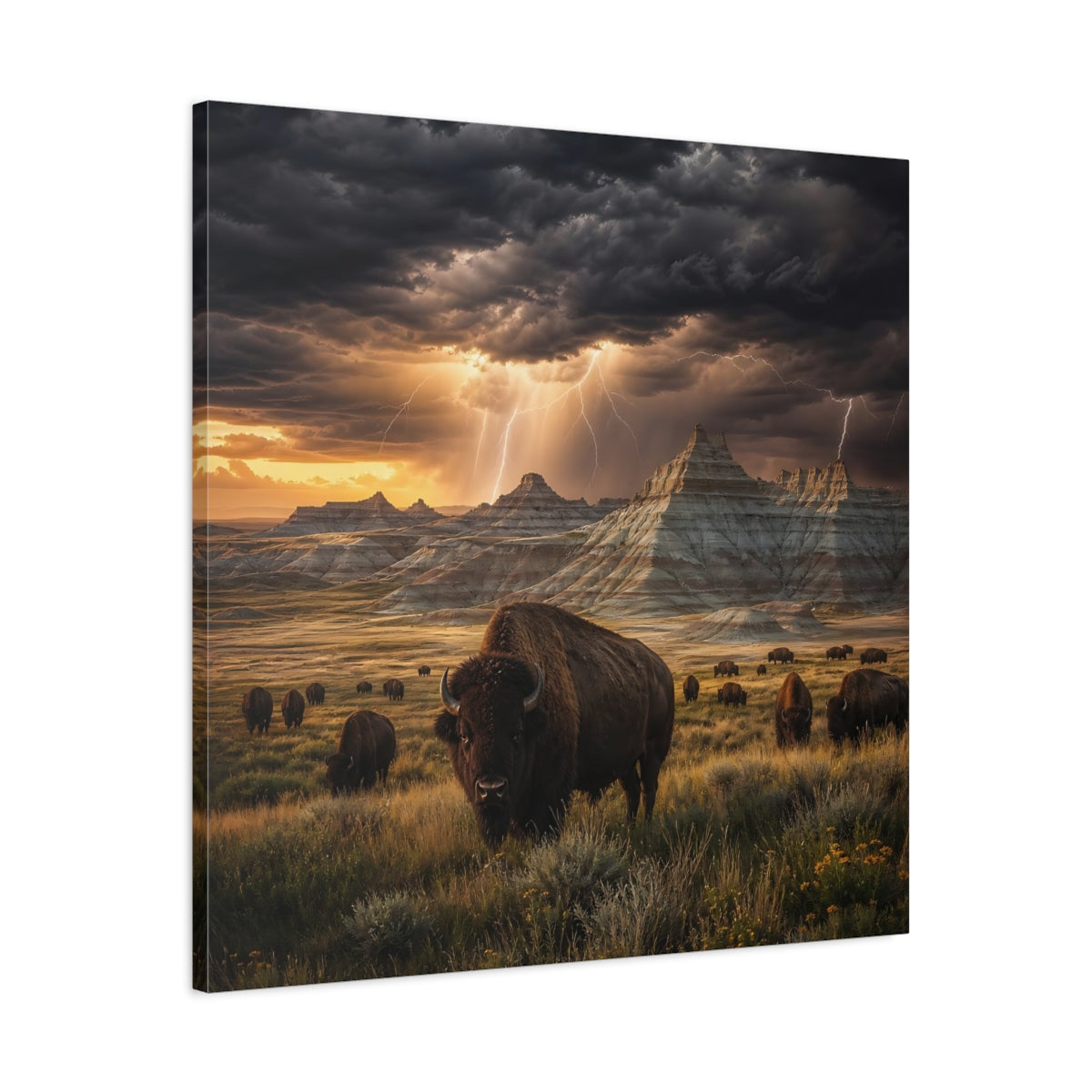Side Mockup 3. Animals Bison Brown Grey Landscape shown as stretched canvas wall art
