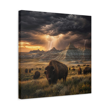 Side Mockup 6. Animals Bison Brown Grey Landscape shown as stretched canvas wall art