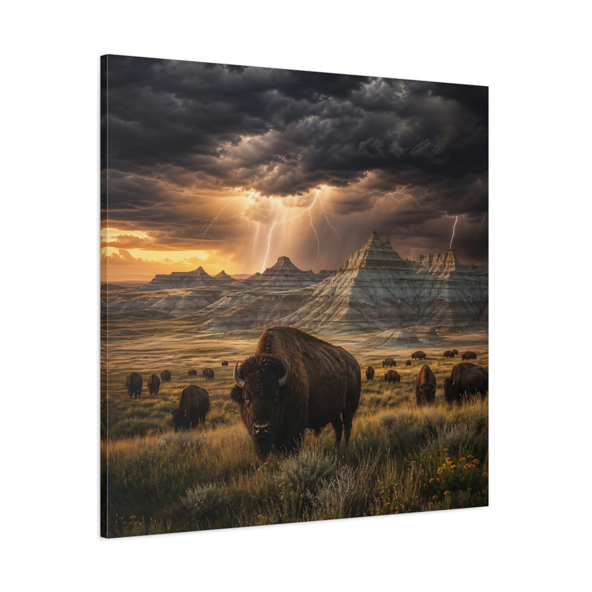 Side Mockup 1. Animals Bison Brown Grey Landscape shown as stretched canvas wall art