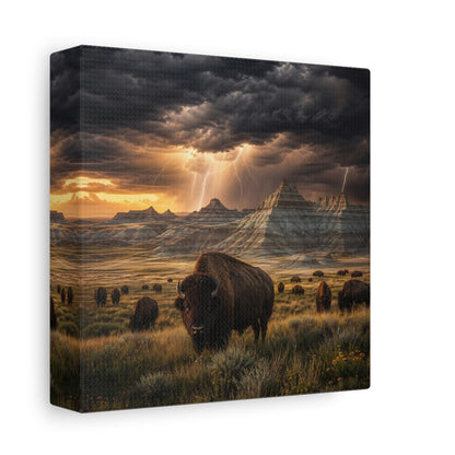 Side Mockup 2. Animals Bison Brown Grey Landscape shown as stretched canvas wall art