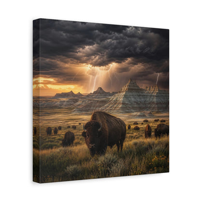 Side Mockup 8. Animals Bison Brown Grey Landscape shown as stretched canvas wall art