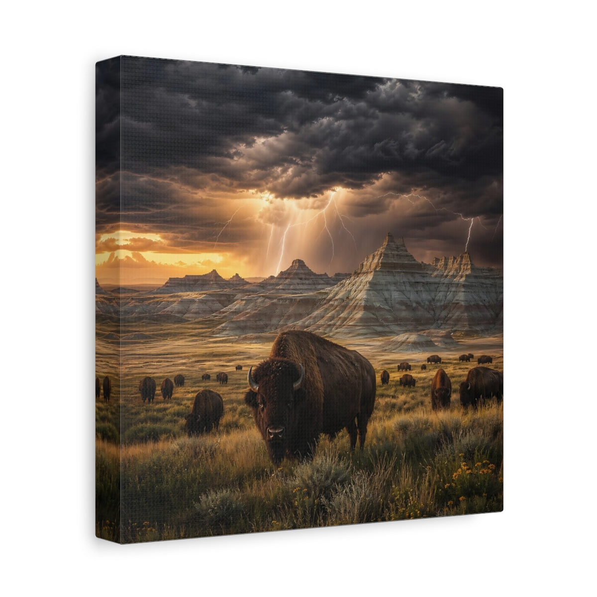 Side Mockup 9. Animals Bison Brown Grey Landscape shown as stretched canvas wall art