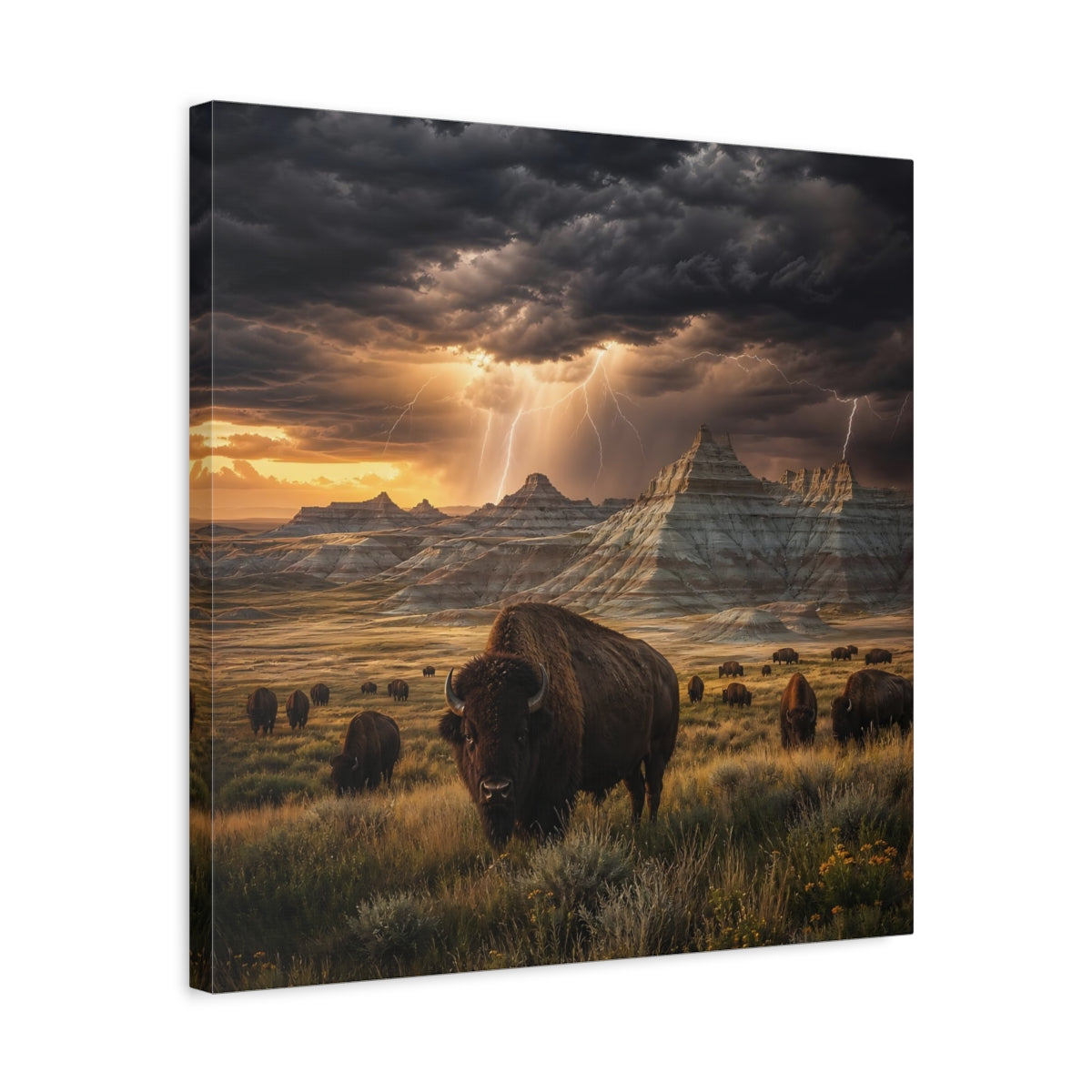 Side Mockup 5. Animals Bison Brown Grey Landscape shown as stretched canvas wall art