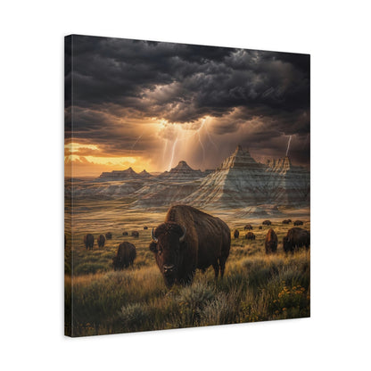 Side Mockup 5. Animals Bison Brown Grey Landscape shown as stretched canvas wall art