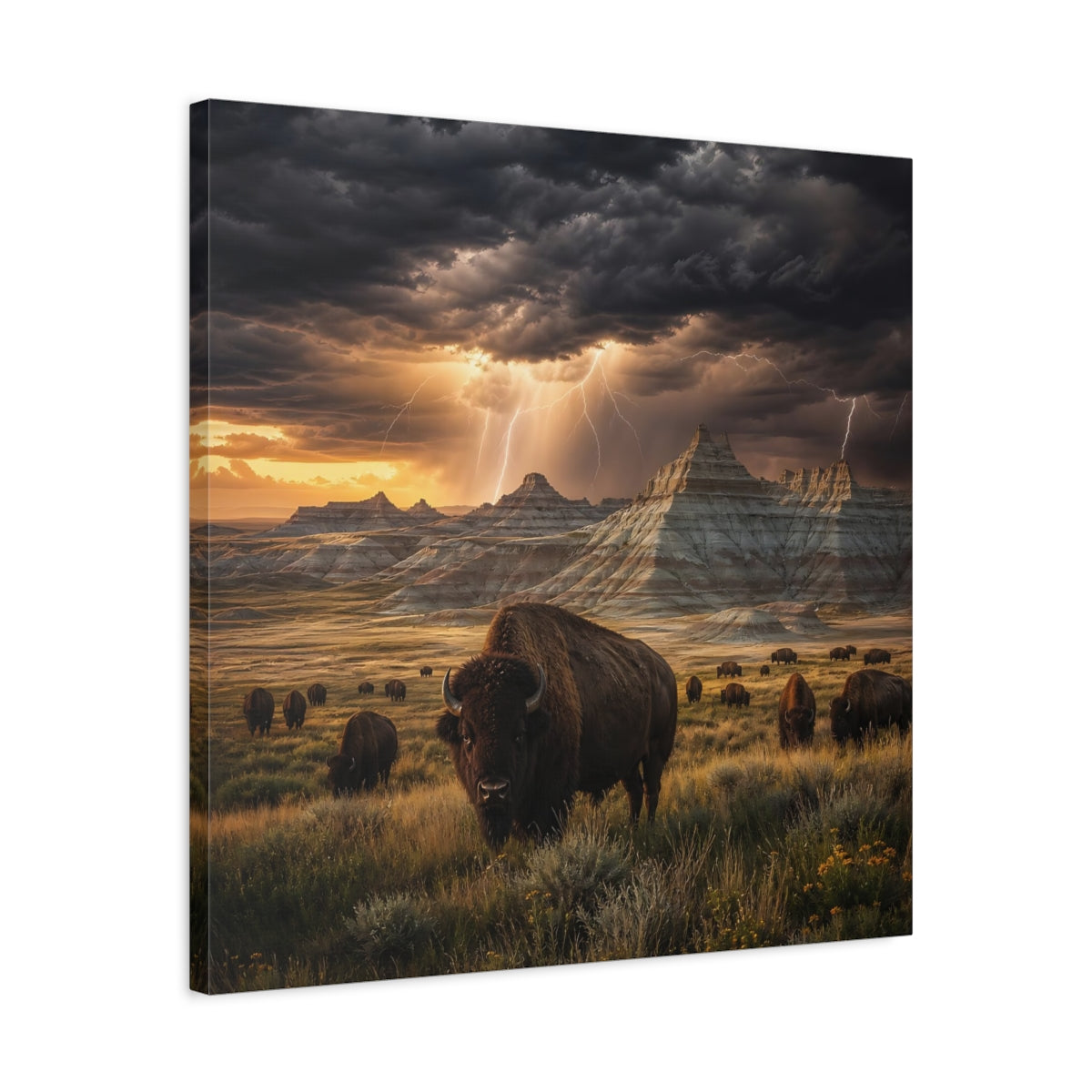 Side Mockup 4. Animals Bison Brown Grey Landscape shown as stretched canvas wall art