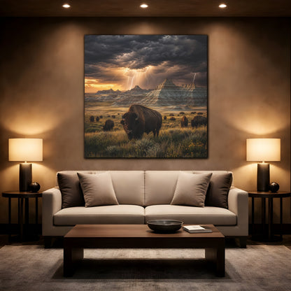 Mockup 2. Animals Bison Brown Grey Landscape shown as stretched canvas wall art