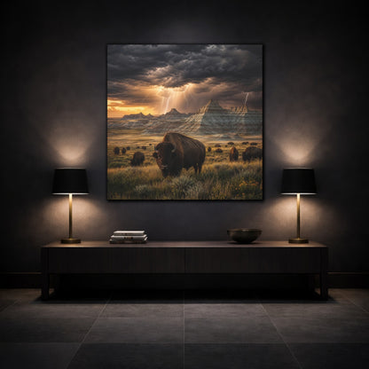 Mockup 3. Animals Bison Brown Grey Landscape shown as stretched canvas wall art