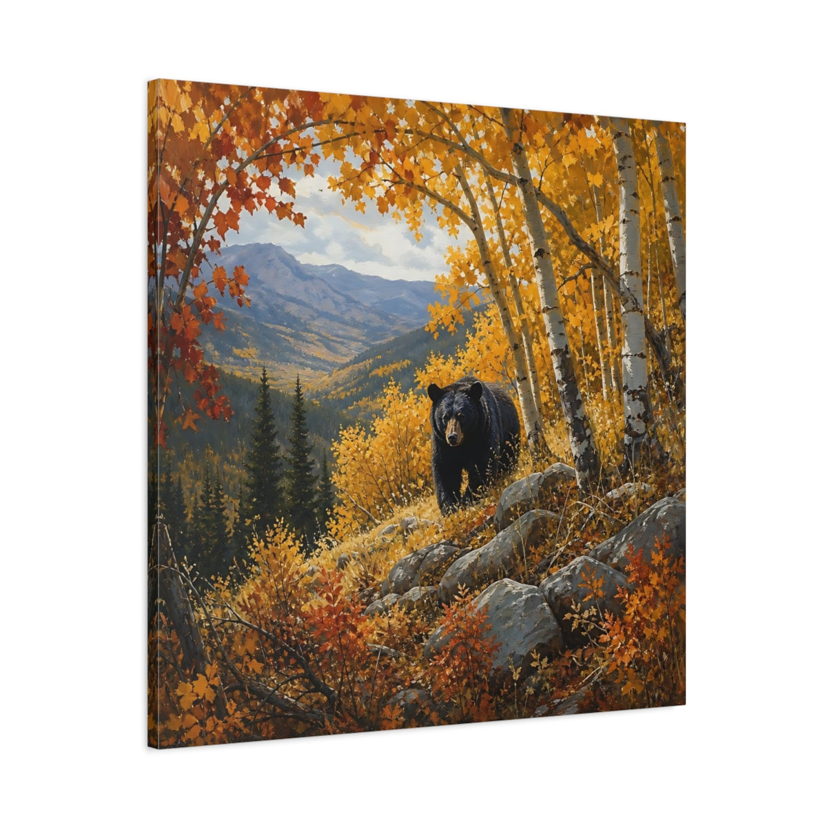 Main Mockup. Animals Black Bear Autumn Forest Bear shown as stretched canvas wall art