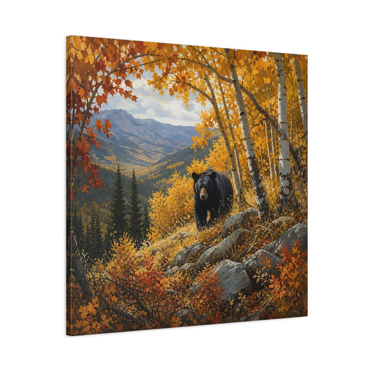 Main Mockup. Animals Black Bear Autumn Forest Bear shown as stretched canvas wall art