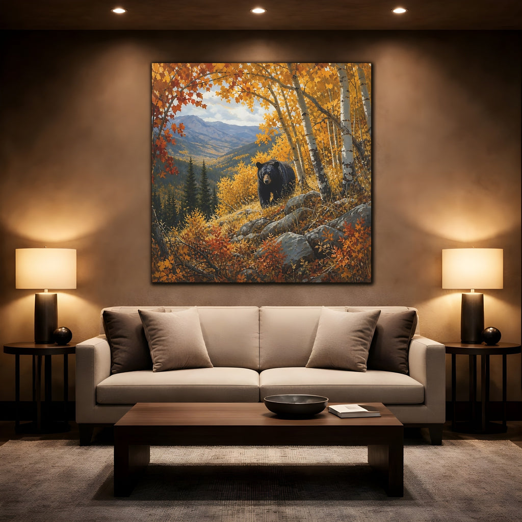 Mockup 2. Animals Black Bear Autumn Forest Bear shown as stretched canvas wall art