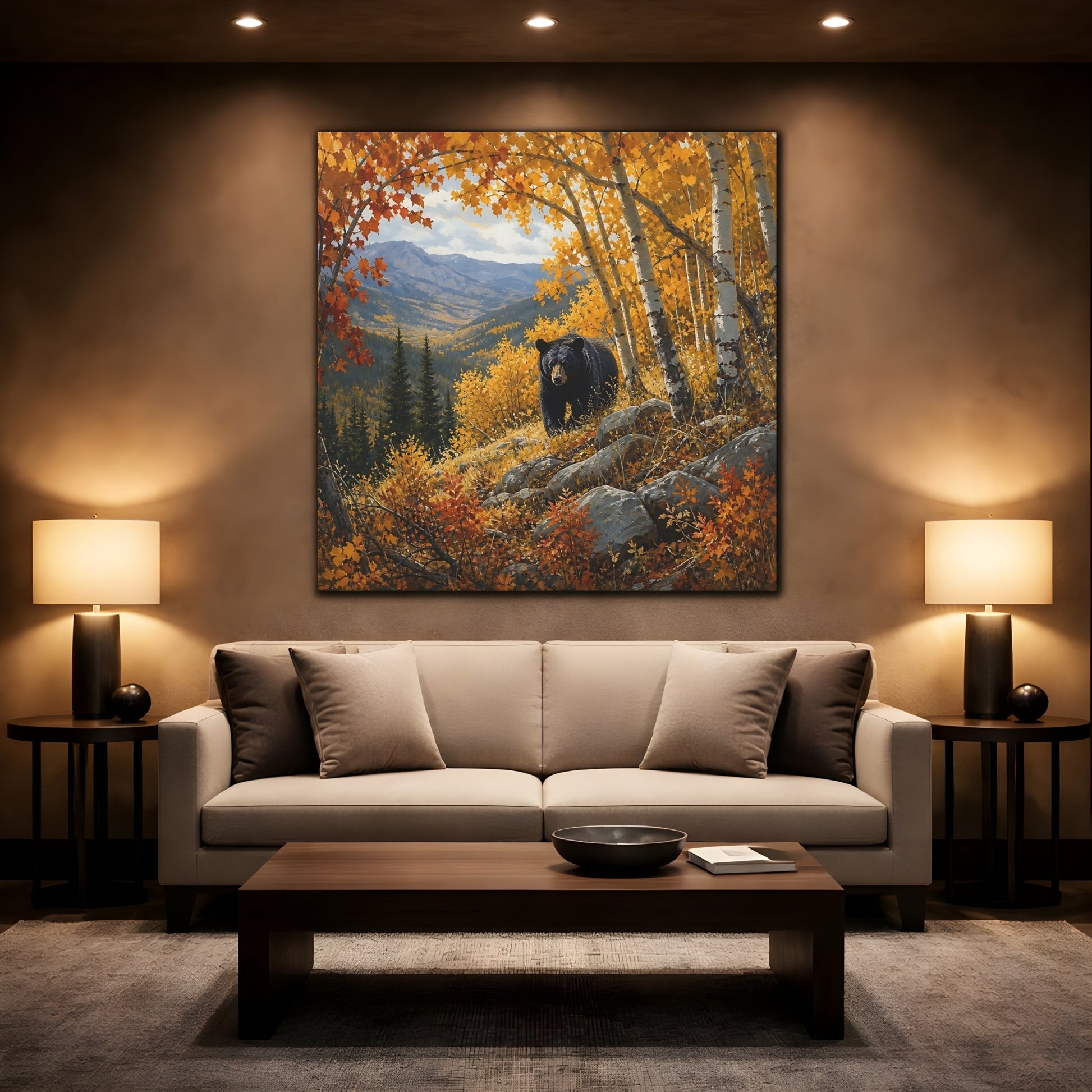 Mockup 2. Animals Black Bear Autumn Forest Bear shown as stretched canvas wall art