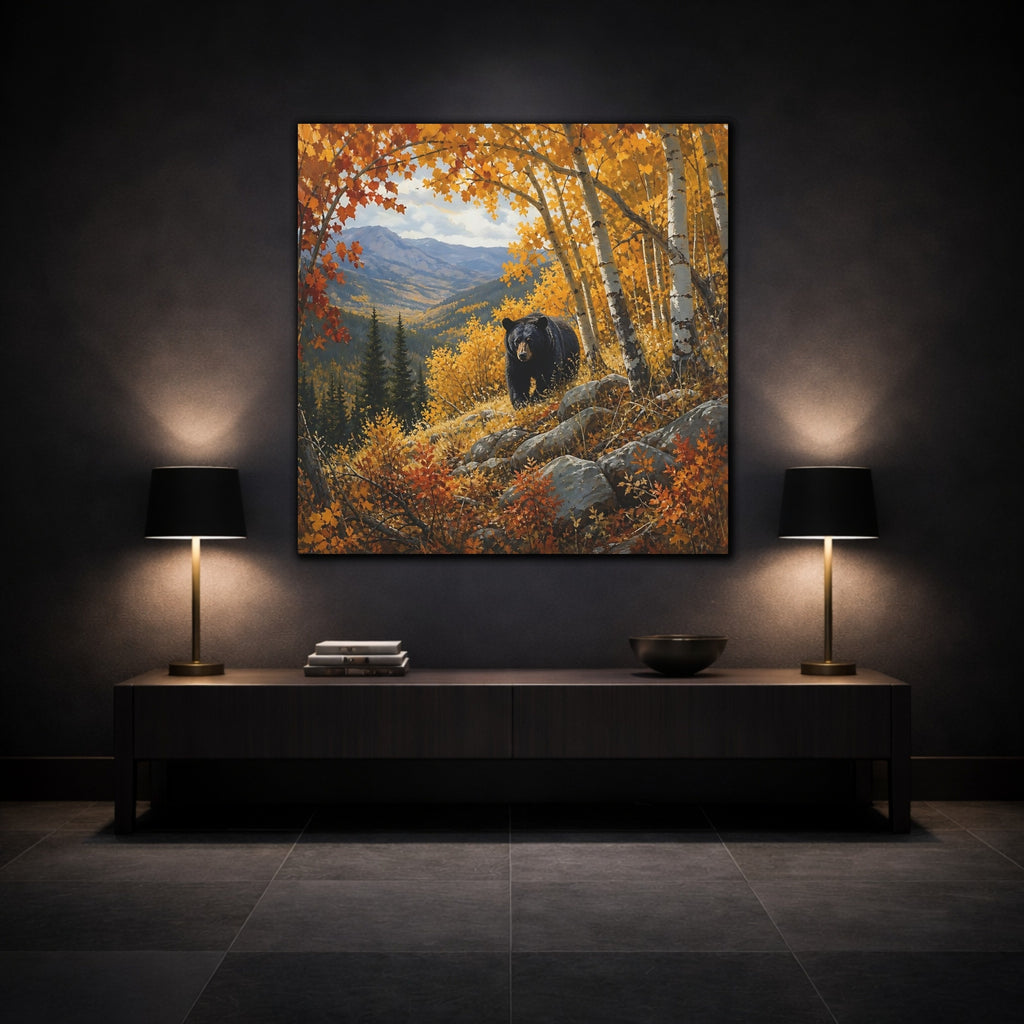 Mockup 3. Animals Black Bear Autumn Forest Bear shown as stretched canvas wall art