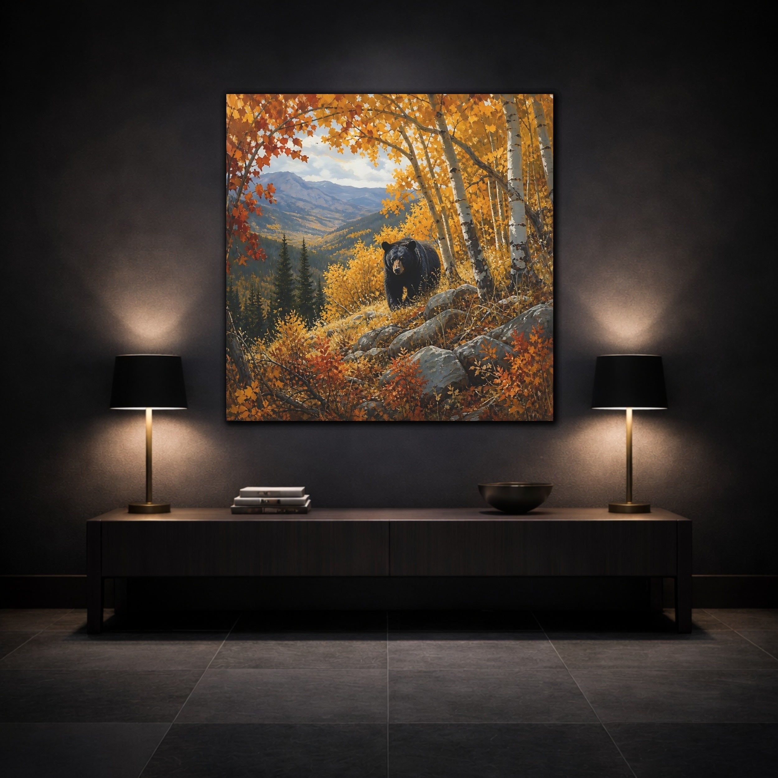 Mockup 3. Animals Black Bear Autumn Forest Bear shown as stretched canvas wall art