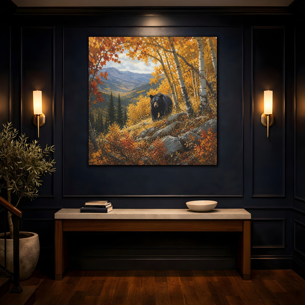 Mockup 4. Animals Black Bear Autumn Forest Bear shown as stretched canvas wall art
