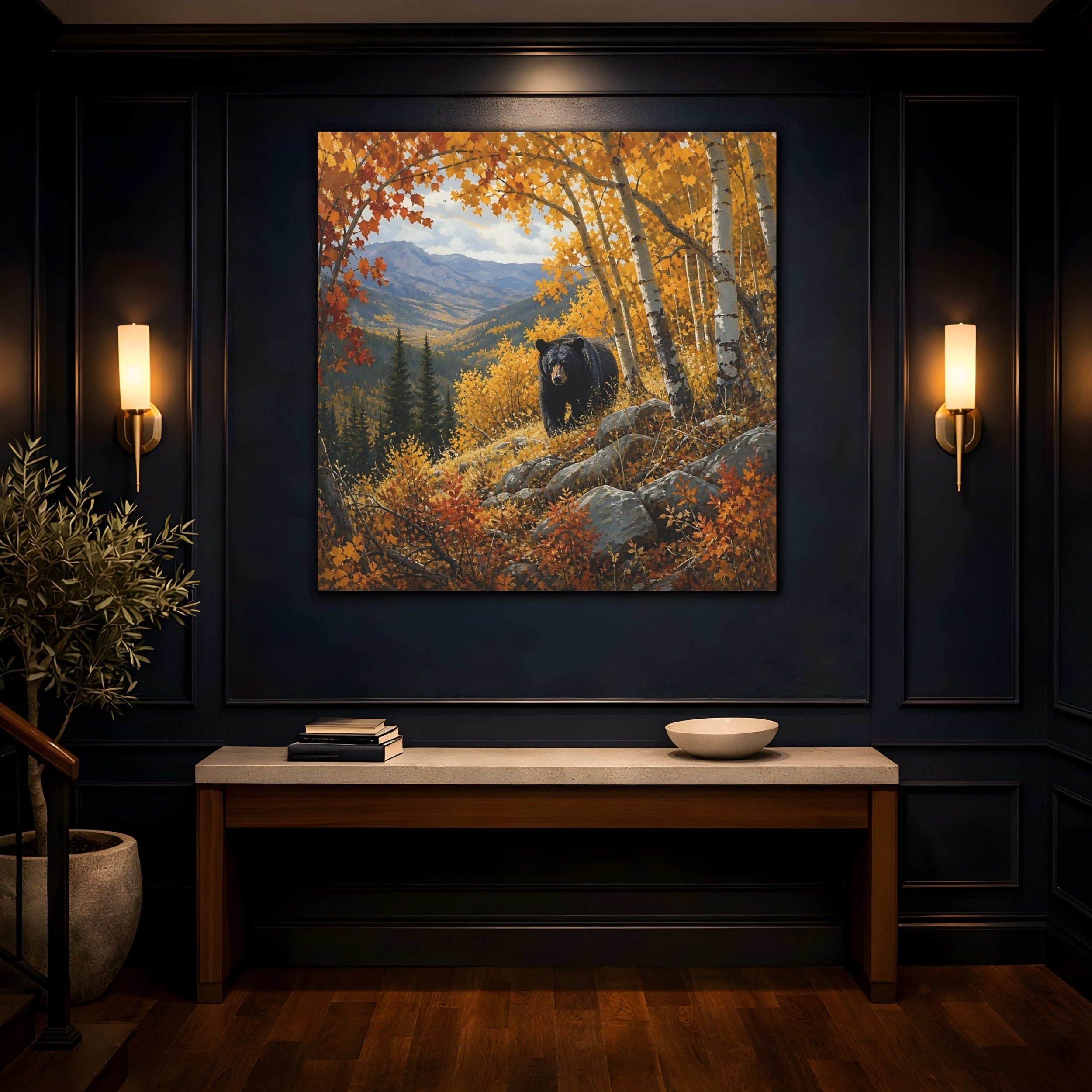 Mockup 4. Animals Black Bear Autumn Forest Bear shown as stretched canvas wall art
