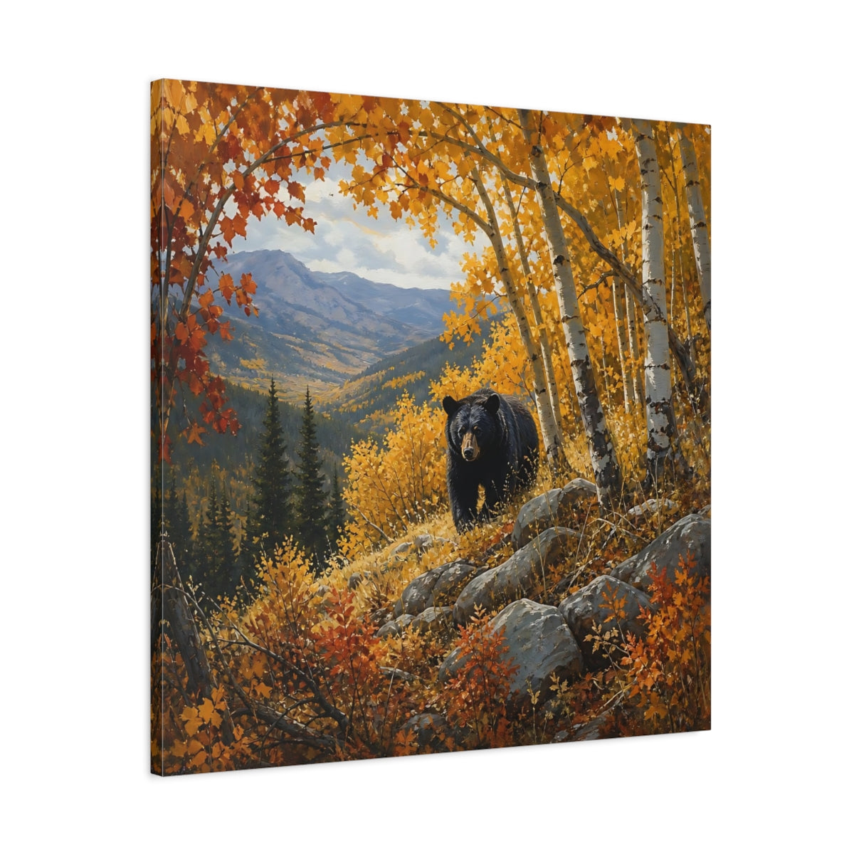 Side Mockup 3. Animals Black Bear Autumn Forest Bear shown as stretched canvas wall art