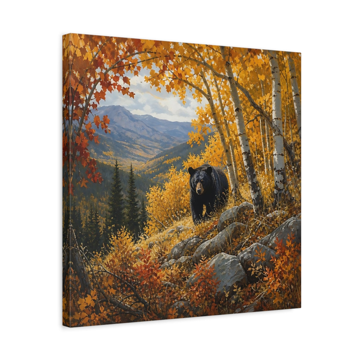 Side Mockup 5. Animals Black Bear Autumn Forest Bear shown as stretched canvas wall art