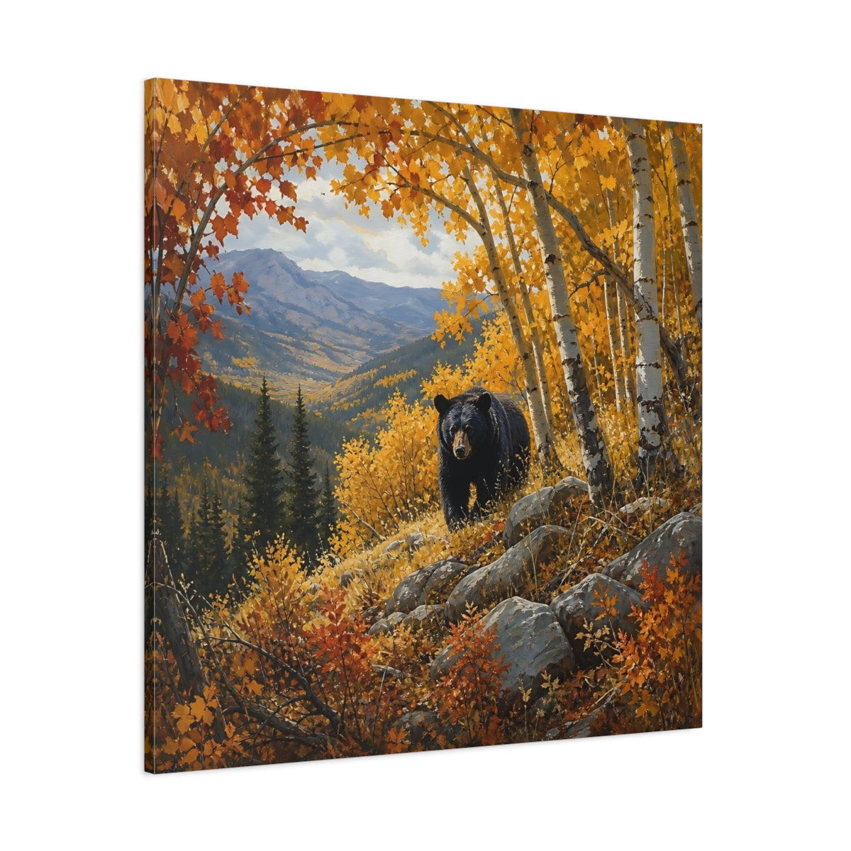 Side Mockup 1. Animals Black Bear Autumn Forest Bear shown as stretched canvas wall art