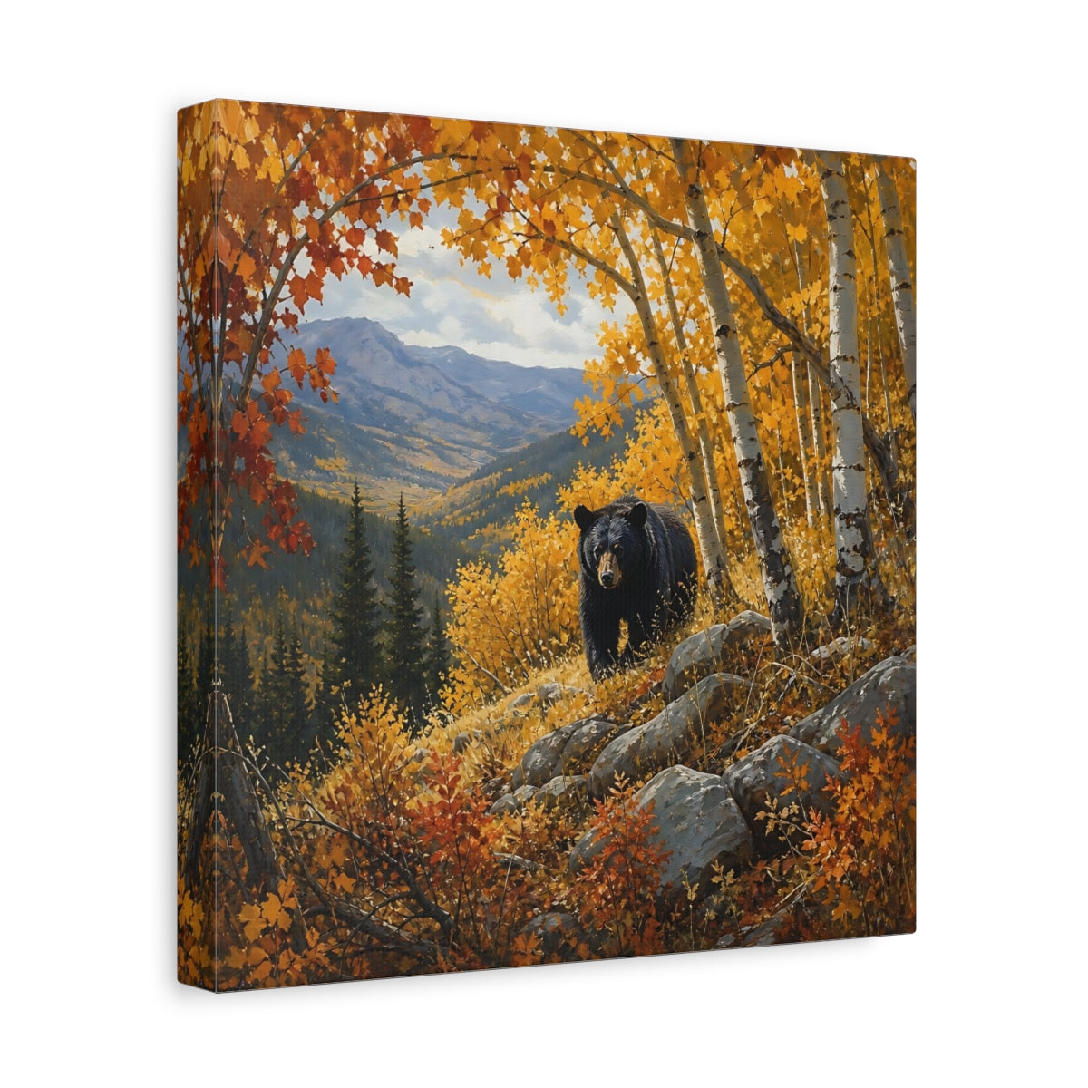 Side Mockup 8. Animals Black Bear Autumn Forest Bear shown as stretched canvas wall art