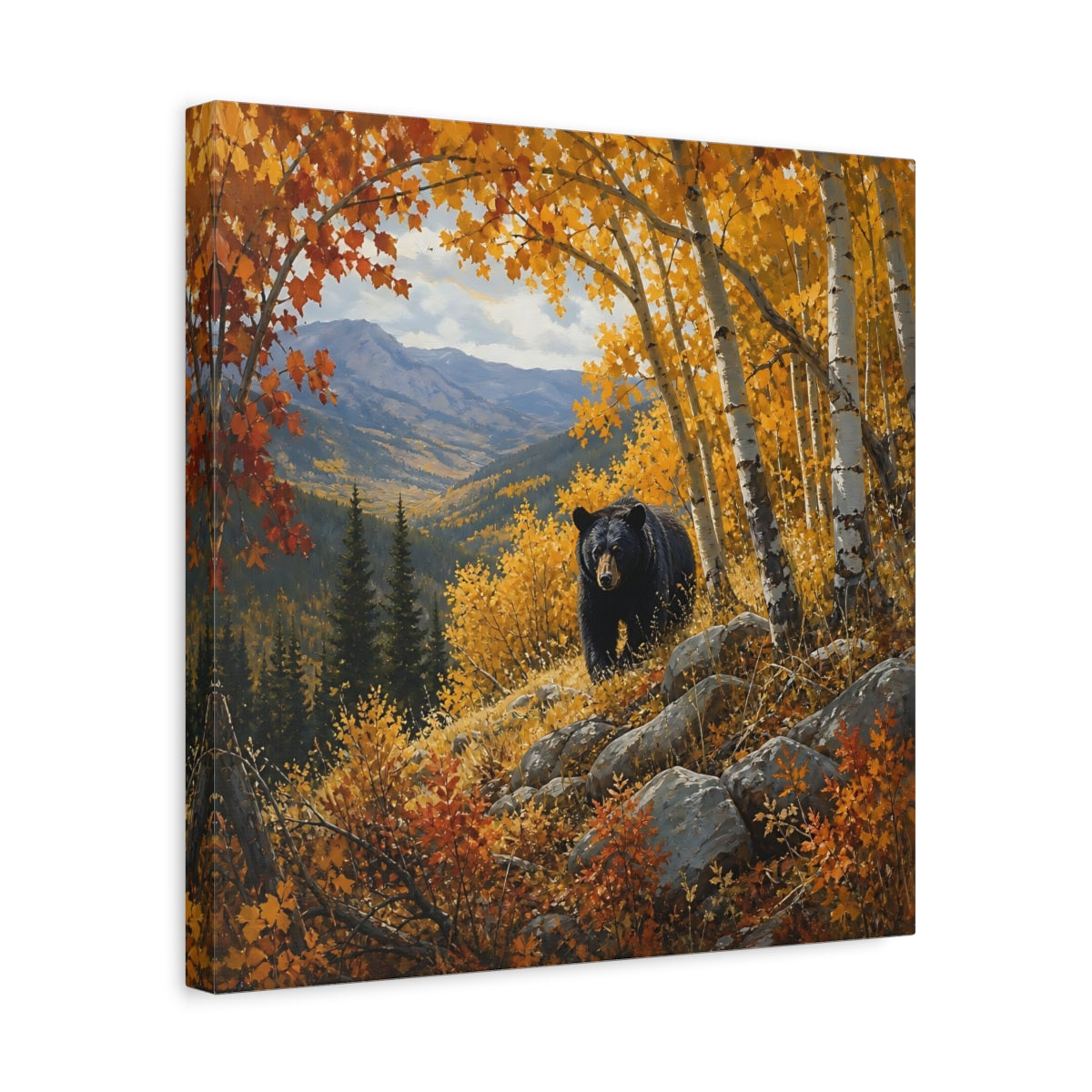 Side Mockup 6. Animals Black Bear Autumn Forest Bear shown as stretched canvas wall art