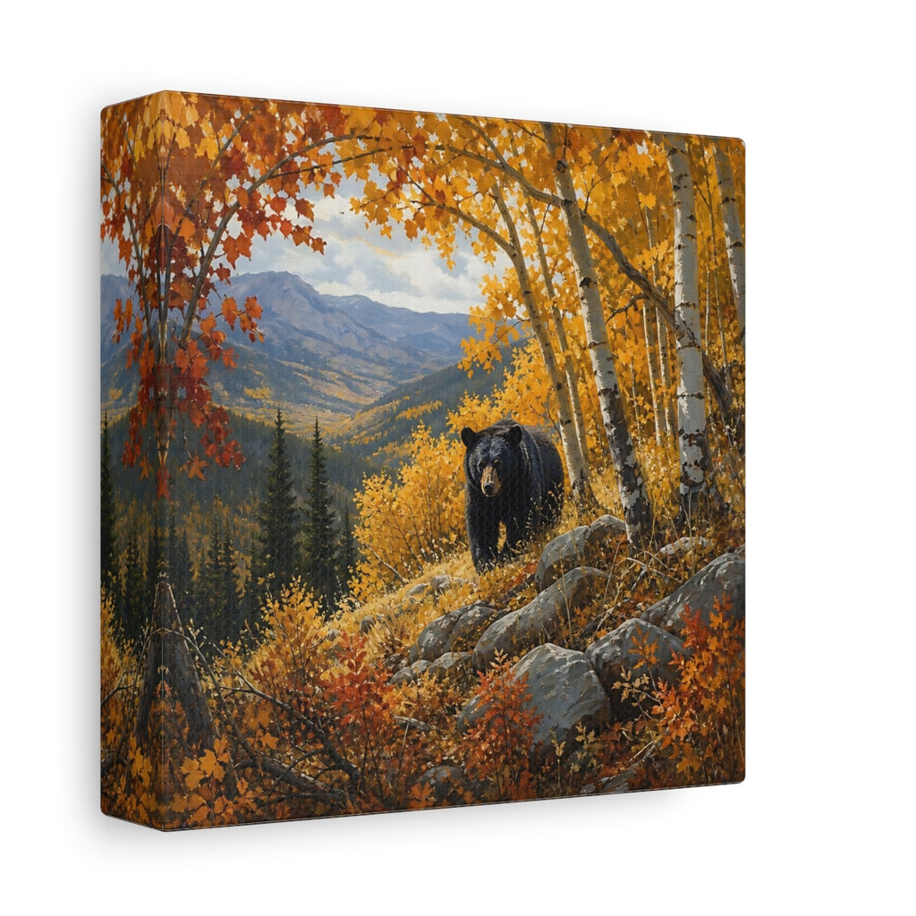 Side Mockup 2. Animals Black Bear Autumn Forest Bear shown as stretched canvas wall art