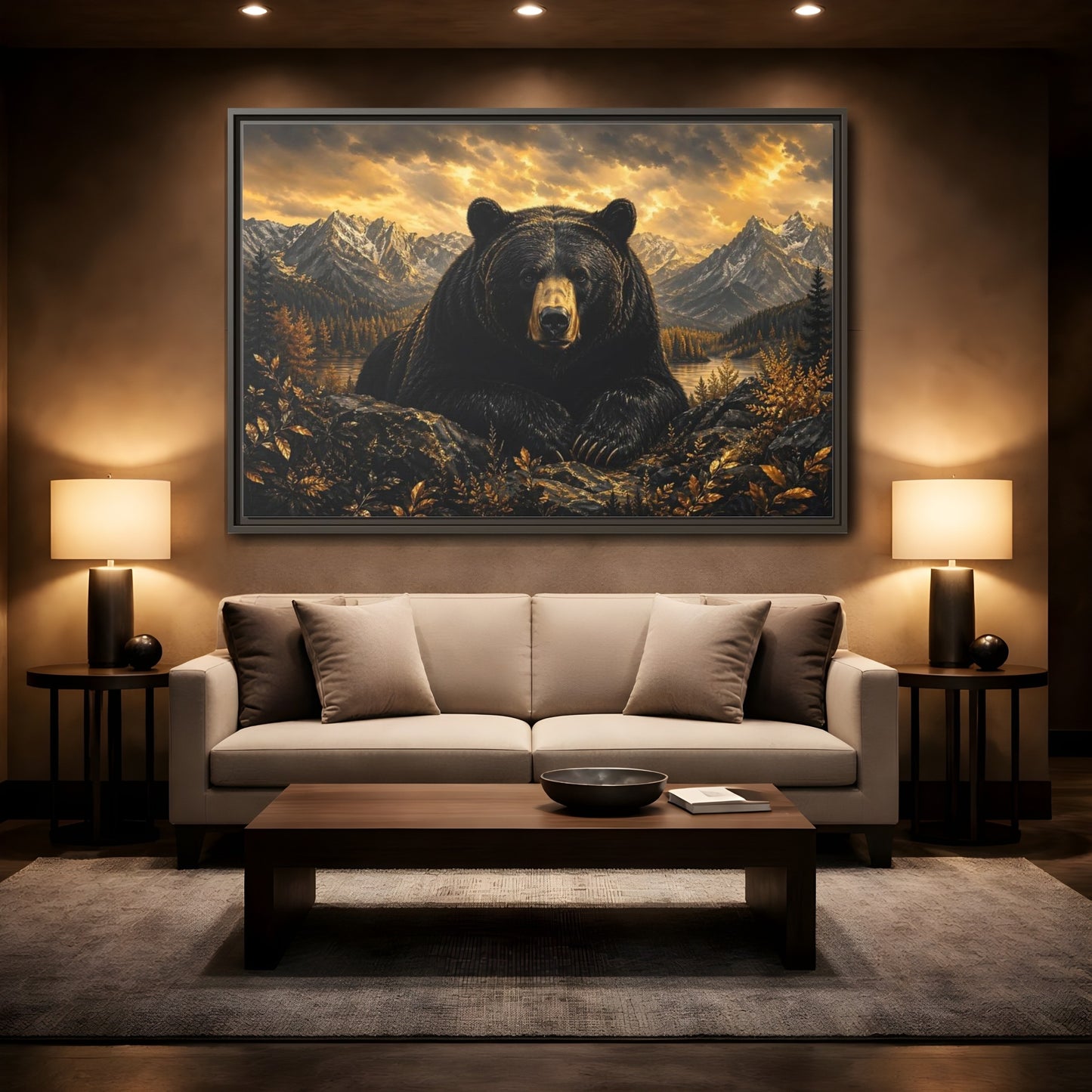 Mockup 2. Animals Black Bear Golden Bear Mountains shown as stretched canvas wall art
