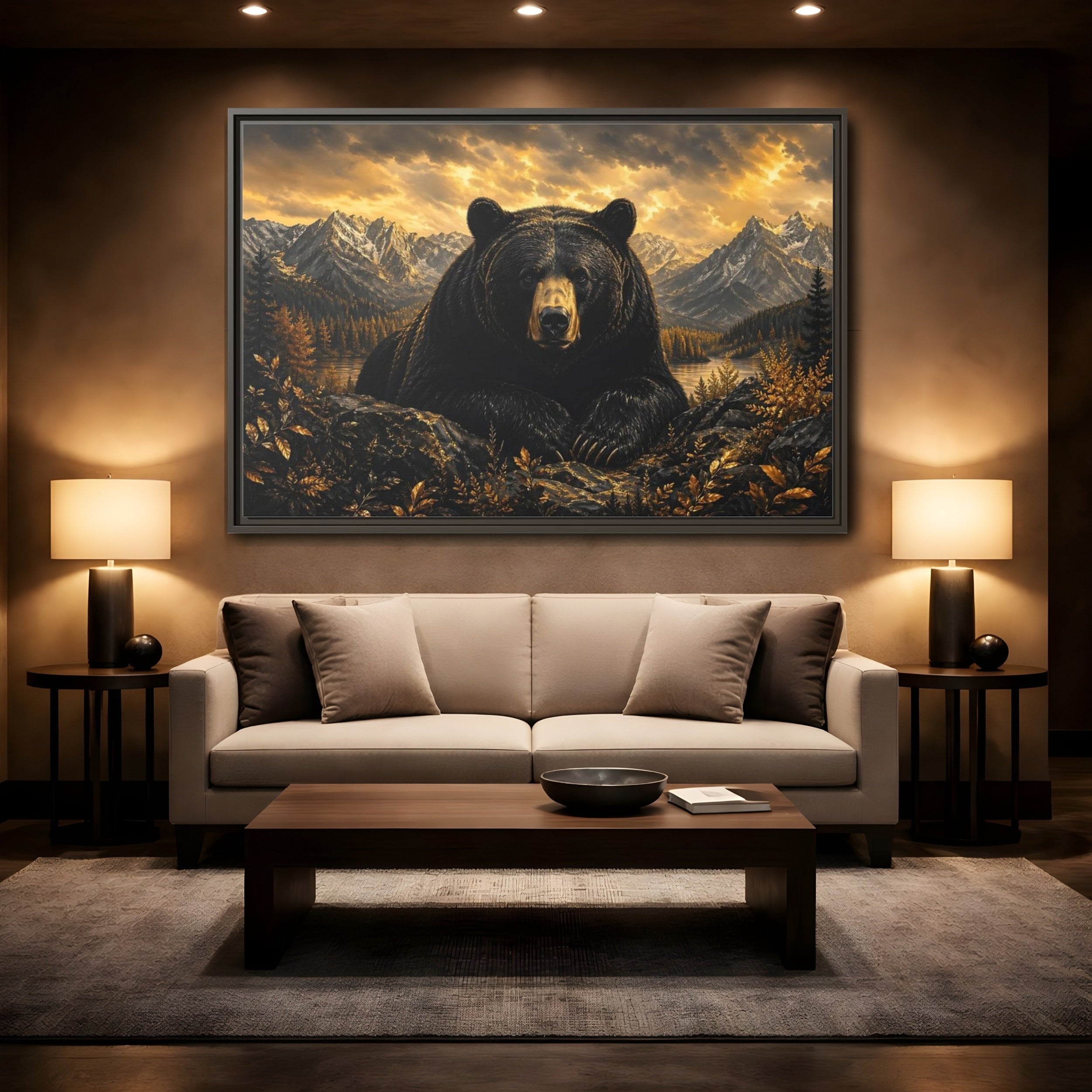 Mockup 2. Animals Black Bear Golden Bear Mountains shown as stretched canvas wall art