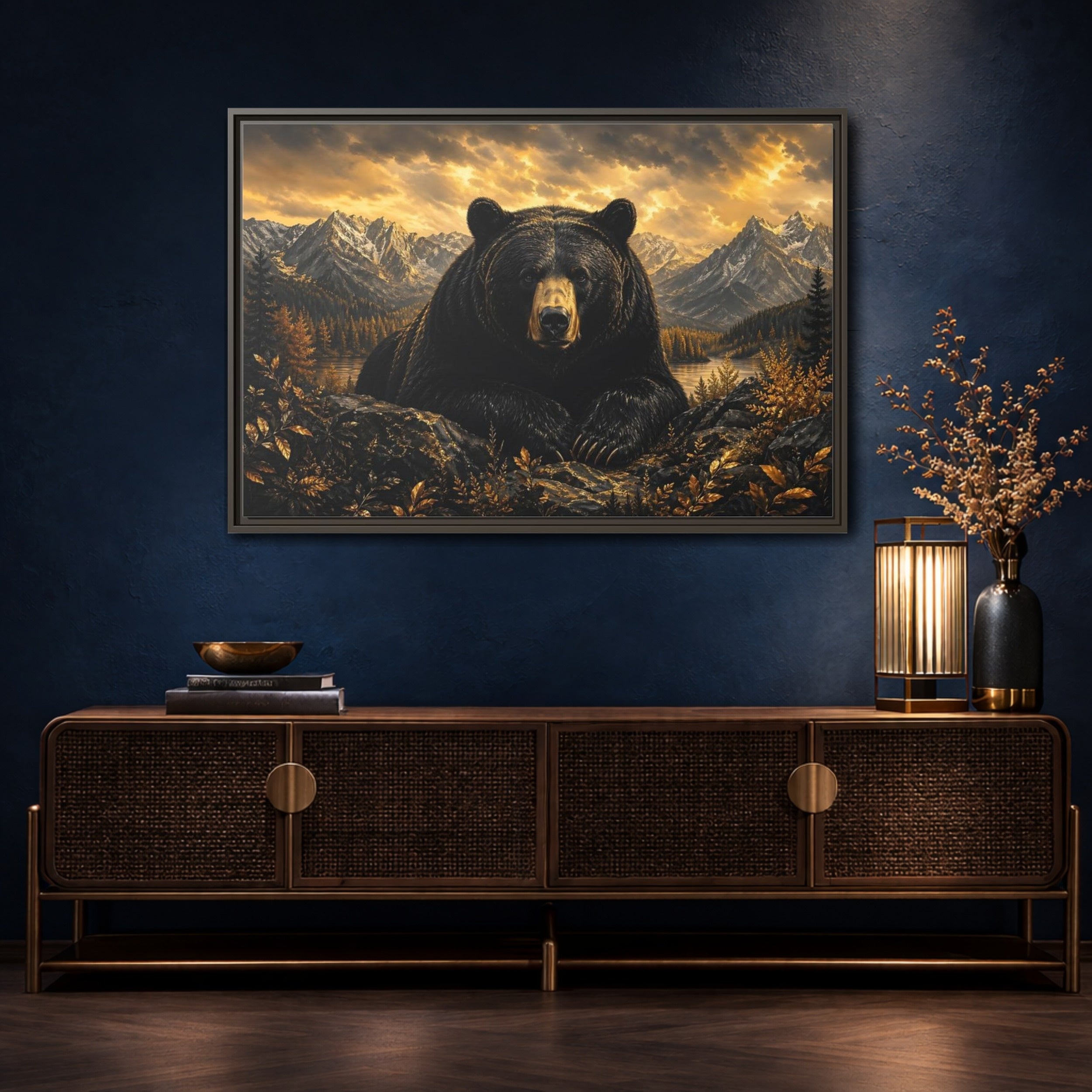 Mockup 4. Animals Black Bear Golden Bear Mountains shown as stretched canvas wall art