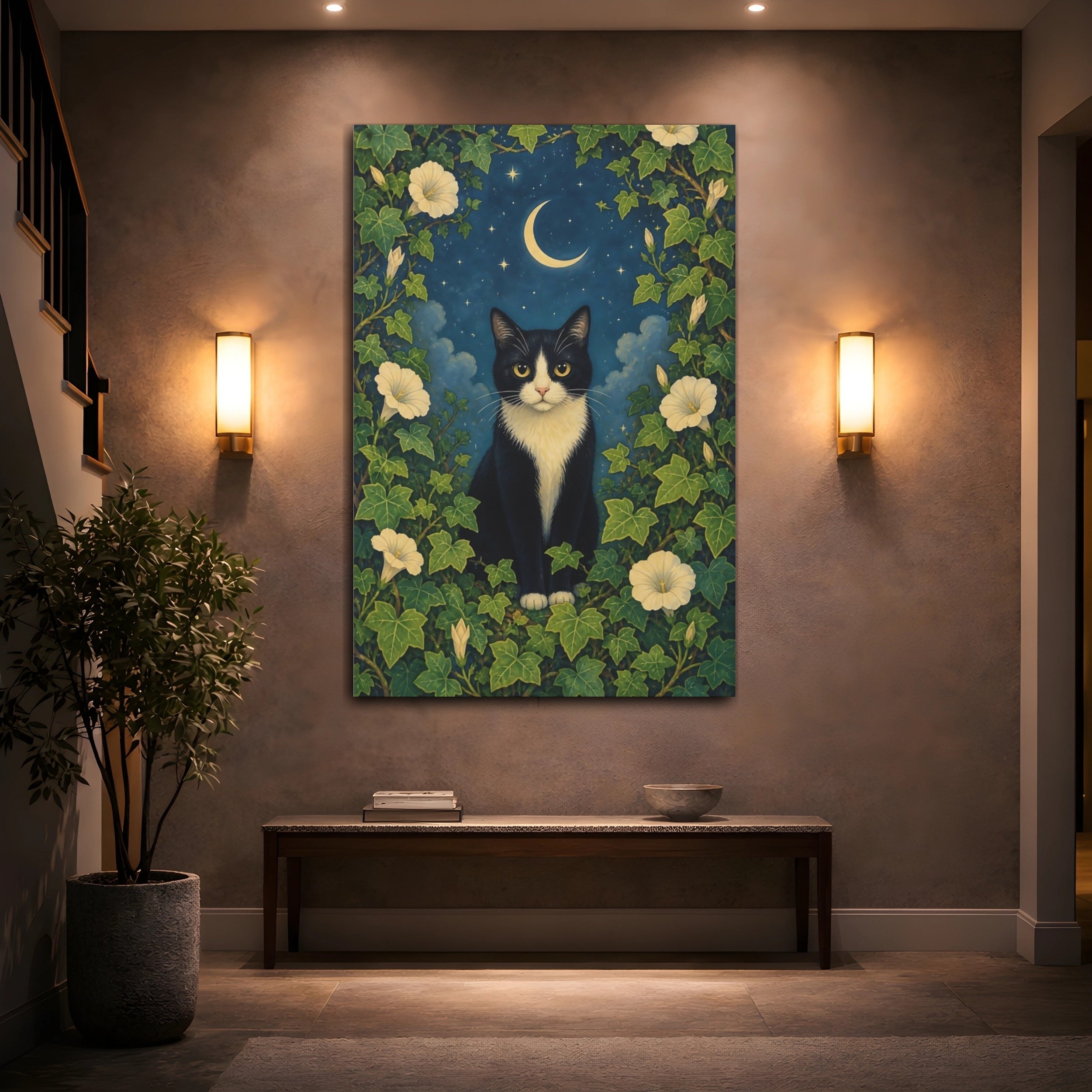 Mockup 2. Animals Black Cat Black Cat Night shown as stretched canvas wall art