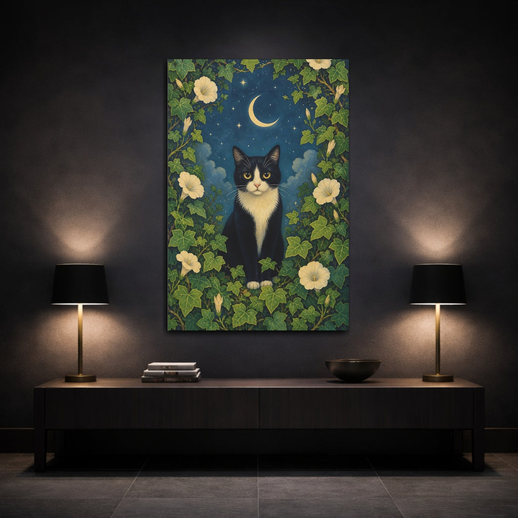 Mockup 3. Animals Black Cat Black Cat Night shown as stretched canvas wall art