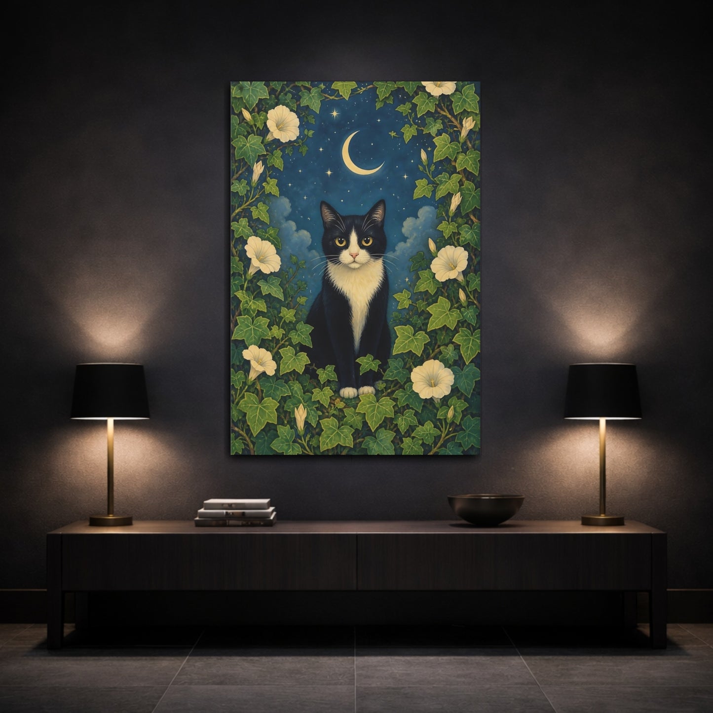 Mockup 3. Animals Black Cat Black Cat Night shown as stretched canvas wall art
